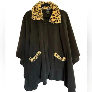 Midnight Velvet Black & Leopard Print Faux Fur Neckline and Pockets Cape